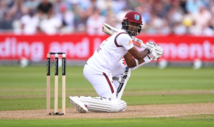 West Indies batsman Kraig Brathwaite hits out during day one of the 3rd Test Match between England and West Indies at Edgbaston on July 26, 2024 in Birmingham, England.