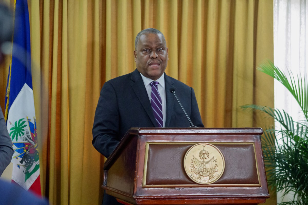 Former Prime Minister Garry Conille seen here speaking during the ceremony to hand over the ampliation of the decree appointing Dr Garry Conille as Prime Minister in Port-au-Prince, Haiti, Monday June 03, 2024.