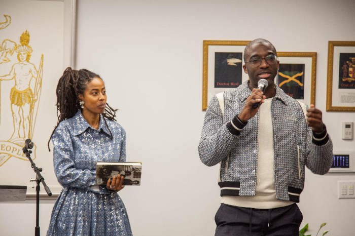 Donisha Prendergast, curator of “The Garden That Rita Grew” exhibit, with Marc Farrell, CEO and Founder of Ten To One Rum.