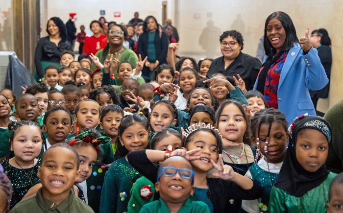 Borough President Vanessa L. Gibson with Family Life Academy Charter School II students.