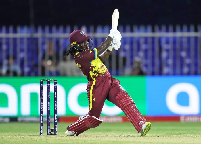 Deandra Dottin of West Indies hits a six during the ICC Women's T20 World Cup Semi-Final 2024 match between West Indies and New Zealand at Sharjah Cricket Stadium on Oct. 18, 2024 in Sharjah, United Arab Emirates.