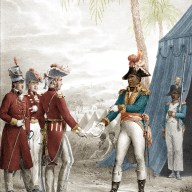 Colorized illustration (after an engraving dated circa 1821) depicts English General Thomas Maitland (1760 - 1824) (third left) and Haitian military leader and revolutionary Toussaint L'Ouverture (1743 - 1803) (second right) as they sign a treaty, March 30, 1798.