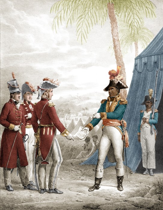 Colorized illustration (after an engraving dated circa 1821) depicts English General Thomas Maitland (1760 - 1824) (third left) and Haitian military leader and revolutionary Toussaint L'Ouverture (1743 - 1803) (second right) as they sign a treaty, March 30, 1798.