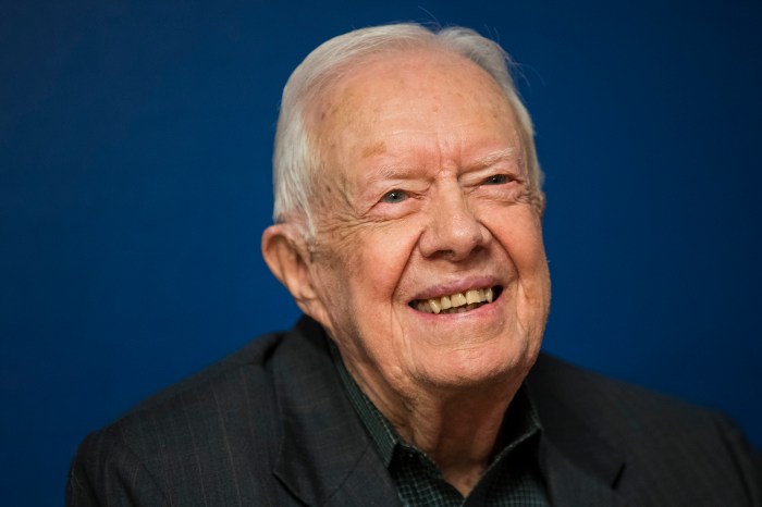 Former U.S. President Jimmy Carter smiles during a book signing event for his new book 'Faith: A Journey For All' at Barnes & Noble bookstore in Midtown Manhattan, March 26, 2018 in New York City. Carter, 93, has been a prolific author since leaving office in 1981, publishing dozens of books.