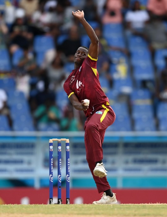 Shamar Joseph of the West Indies bowls the Second One-Day International between the West Indies and England at Sir Vivian Richards Stadium on Nov.02, 2024 in Antigua, Antigua and Barbuda.