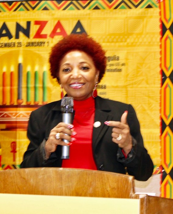 NYC Council Member Mercedes Narcisse addresses the audience during a pre-Kwanzaa ceremony last Saturday night at Carmine Carro Community Center in Marine Park, Brooklyn.