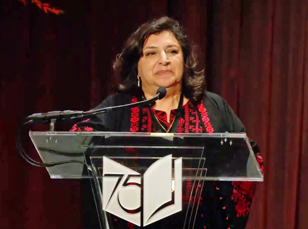 Screengrab of Lena Khalaf Tuffaha, who won the National Book Award this year in Poetry for her collection Something About Living (2024).