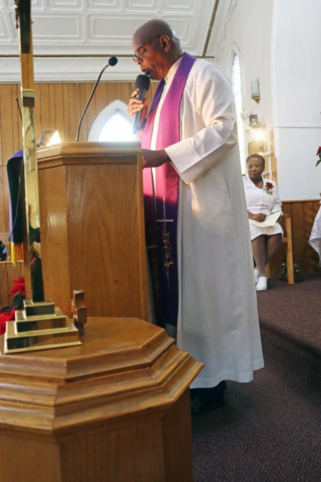 Pastor, the Rev. Roger Jackson, delivers the sermon at the Fenimore Street United Methodist Church.