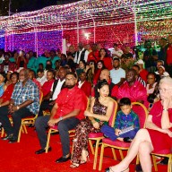 President of Guyana, Dr. Irfaan Ali, First Lady Ayra Ali, and sons, Sayd and Llan welcomed the Guyanese to the joyous celebration of Christmas Eve with music, song, and dance. The Frist Family, seventh and eighth from left, waved their arms to the music. Further left are Ministers Kwame McCoy, Charles Ramson Jr., Juan Edghill, Oneidge Walron, Mrs. Phillips (partly hidden, and Prime Minister Brigadier (Ret'd) Mark Phillips.