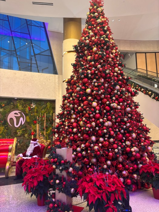 Resorts World New York City’s 40-foot Christmas tree lit up the venue on Tuesday, marking the start of the holiday season in Queens, N.Y.