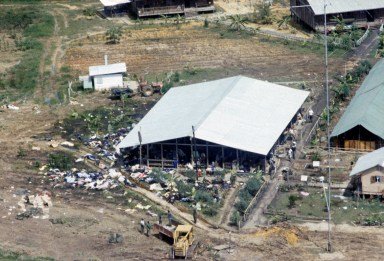 Aerial view of the pavilion at the Peoples Temple compound in Jonestown, Guyana, where more than 900 members of the cult, led by Reverend Jim Jones, died from drinking cyanide-laced Kool Aid, Nov. 25, 1978.