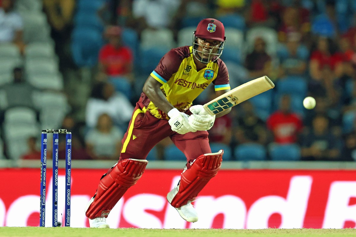 Sherfane Rutherford of West Indies bats during the ICC Men's T20 Cricket World Cup West Indies & USA 2024 match between West Indies and New Zealand at Brian Lara Cricket Academy on June 12, 2024 in Tarouba, Trinidad And Tobago.