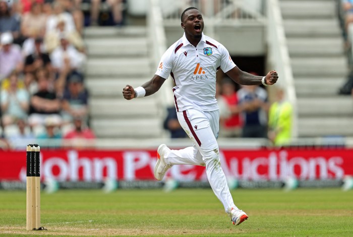 Jayden Seales of the West Indies celebrates after taking the wicket of Harry Brook during day four of the 2nd Test Match between England and the West Indies at Trent Bridge on July 21, 2024 in Nottingham, England.