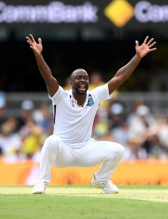 Kemar Roach of the West Indies appeals to the umpire for the wicket of Steve Smith of Australia and is successful during day two of the Second Test match in the series between Australia and West Indies at The Gabba on Jan. 26, 2024 in Brisbane, Australia.