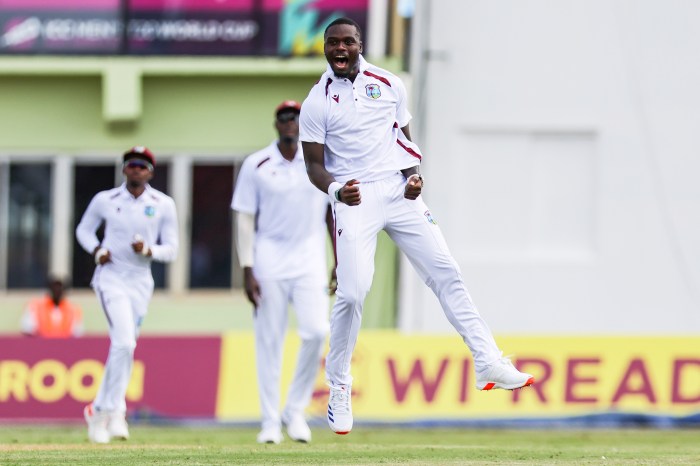 Jayden Seales of West Indies reacts during the day 1 of the 2nd Test match between West Indies and South Africa at Guyana National Stadium on Aug. 15, 2024 in Georgetown, Guyana.