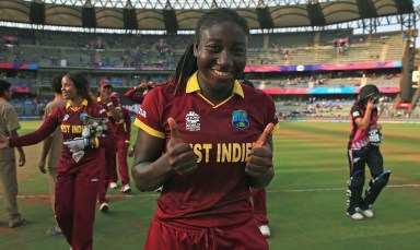 Stafanie Taylor, Captain of the West Indies celebrates her teams win during the Women's ICC World Twenty20 India 2016 Semi Final match between New Zealand and West Indies at the Wankhede Stadium on March 31, 2016 in Mumbai, India.