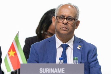 Suriname's Minister of Foreign Affairs Albert Ramchand Ramdin attends a plenary session during the Summit on peace in Ukraine, at the luxury Burgenstock resort, near Lucerne, on June 16, 2024.