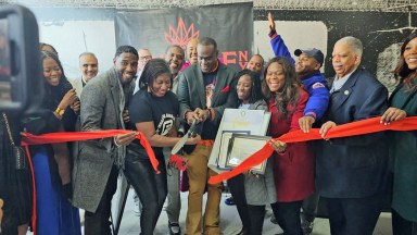 Ribbon cutting: From left Camille Hastick, Public Advocate Jumaane Williams, Senator Kevin Parker, Kamla Millwood, Vaughn T Mayers Esq., Assembly Member Rodneyse Bichotte-Hermelyn, Vladimir Sterlin, Senator Leroy Comrie and Council Member Farah Louis.