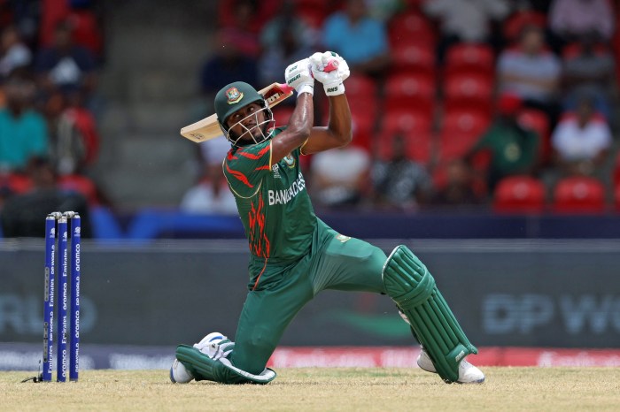 Jaker Ali of Bangladesh in action during the ICC Men's T20 Cricket World Cup West Indies & USA 2024 match between Bangladesh and Netherlands at Arnos Vale Ground on June 13, 2024 in St. Vincent and The Grenadines. 