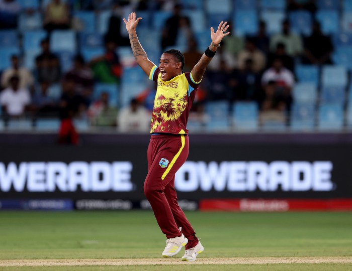 Chinelle Henry of West Indies unsuccessfully appeals during the ICC Women's T20 World Cup 2024 match between West Indies and Scotland at Dubai International Stadium on Oct. 06, 2024 in Dubai, United Arab Emirates.