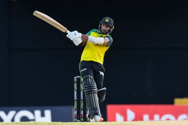 Amir Jangoo of Jamaica Tallawahs hits 6 during the 2022 Hero Caribbean Premier League - The 6IXTY Men's match 6 between Jamaica Tallawahs and Barbados Royals at Warner Park Sporting Complex on August 26, 2022 in Basseterre, Saint Kitts and Nevis.