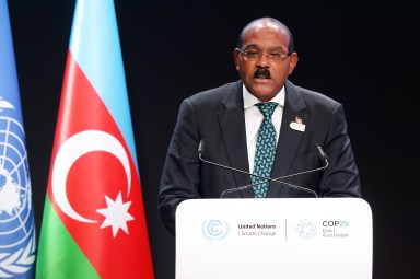 Antigua and Barbuda Prime Minister Gaston Alphonso Browne delivers a national statement during the high level segment on day three of the UNFCCC COP29 Climate Conference at Baku Stadium on Nov. 13, 2024 in Baku, Azerbaijan.