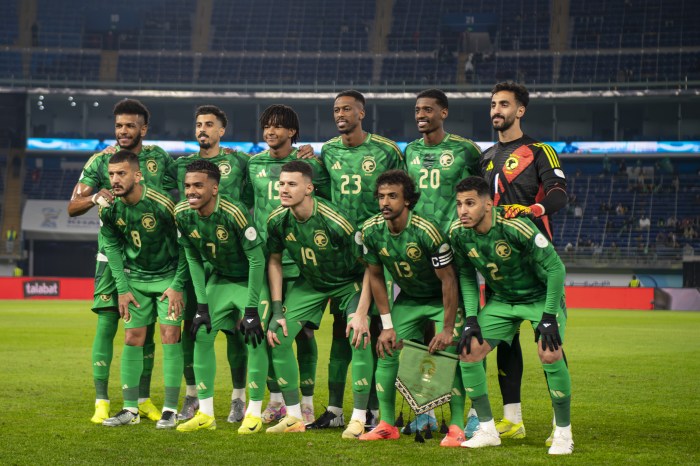 Players of Saudi Arabia pose for a photo ahead of the Arabian Gulf Cup 2024 Group B match between Saudi Arabia and Bahrain at Jaber Al-Ahmad Stadium in Kuwait City, Kuwait on Dec. 22, 2024.