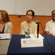 Ravi Ragbir, right, was among the panelists during a panel discussion on immigration in Brooklyn in August 2019. Others in the photo are Elizabeth Rieser-Murphy, Esq., left, and Sonia Lin.