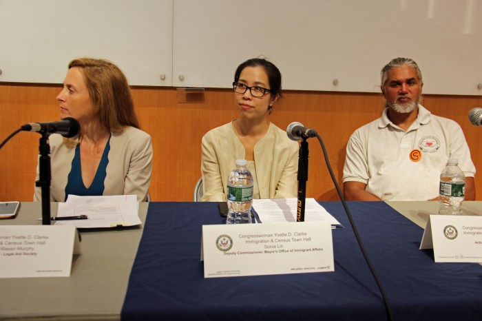 Ravi Ragbir, right, was among the panelists during a panel discussion on immigration in Brooklyn in August 2019. Others in the photo are Elizabeth Rieser-Murphy, Esq., left, and Sonia Lin.