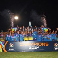 St.Lucia Kings players pose for a photo after winning the Men's 2024 Republic Bank Caribbean Premier League Final match between Saint Lucia Kings and Guyana Amazon Warriors at Providence Stadium on Oct. 06, 2024 in Georgetown, Guyana.