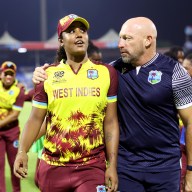 Hayley Matthews of West Indies celebrates with West Indies Head Coach Shane Deitz following the ICC Women's T20 World Cup 2024 match between Bangladesh and West Indies at Sharjah Cricket Stadium on Oct. 10, 2024 in Sharjah, United Arab Emirates.