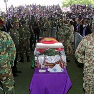 Military members stand near the body of Suriname ex-President Desi Bouterse, at his funeral in Paramaribo, Suriname, January 4, 2025.