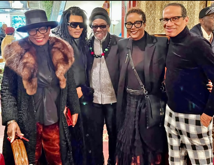 Trinidad-born Fashion designer Donna Dove, who designed the shirt the late Walter A. Greene was buried in, left, with Ty-Ron Mayes, Harry Haynes, Harriet's Cole, and Guyanese American fashion designer Roger Gary, after bidding a final farewell to Greene, the award-winning designer.