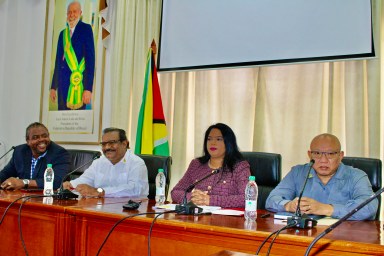 During an end of year press conference by the Ministry of Local Government and Regional Development, it was disclosed that the King Charles Foundation UK, will partner with Georgetown to restore the city. Pictured from left are, Chief Planning Officer, Roger Rogers, Minister within the Ministry Anand Persaud, Minister of Local Government and Regional Development Sonia Parag, and another official of the ministry.