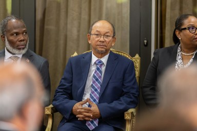 Haitian President of the Presidential Transition Council Leslie Voltaire attends the inauguration ceremony of the members of new Prime Minister Alix Didier Fils-Aime's cabinet, at the Villa D'acceuille in Port-au-Prince, Haiti on Nov. 16, 2024.