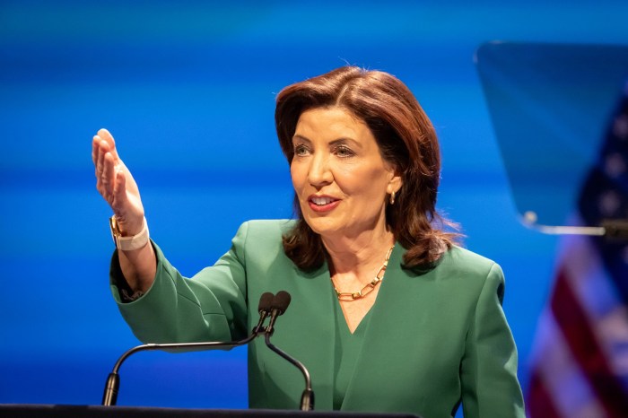 New York State Governor Kathy Hochul delivers her State of the State speech at the Empire State Plaza Convention Center in Albany, New York on Jan. 14, 2025.