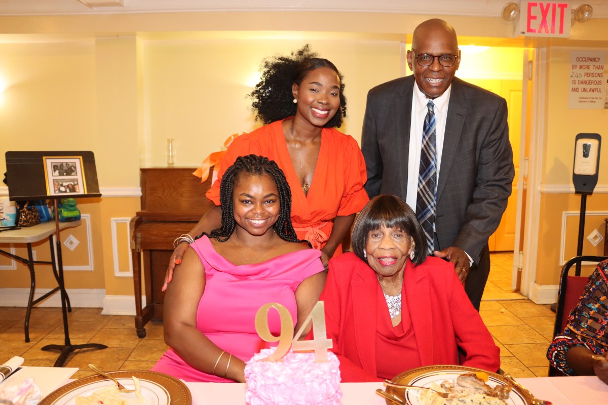 Dr. Marguerite Thompson, right, with granddaughters Patrice Eleah, left, front, and Marguerite Allen, back, and Pastor the Rev. Roger Jackson during Dr. Thompson's 94th Birthday celebration at FSUMC on Oct. 6, 2024.