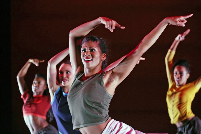 NEW YORK, NEW YORK - MARCH 29: (L-R) Dancers Courtney Celeste Spears, Samantha Barriento, Courtney Ross and Nathaniel Hunt perform during Ailey II's New York Season dress rehearsal at The Alvin Ailey Citigroup Theater on March 29, 2016 in New York City.