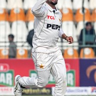 Pakistan's Abrar Ahmed celebrates after taking the wicket of West Indies' Tevin Imlach during the third day of the first Test cricket match between Pakistan and West Indies at the Multan Cricket Stadium in Multan on Jan. 19, 2025.