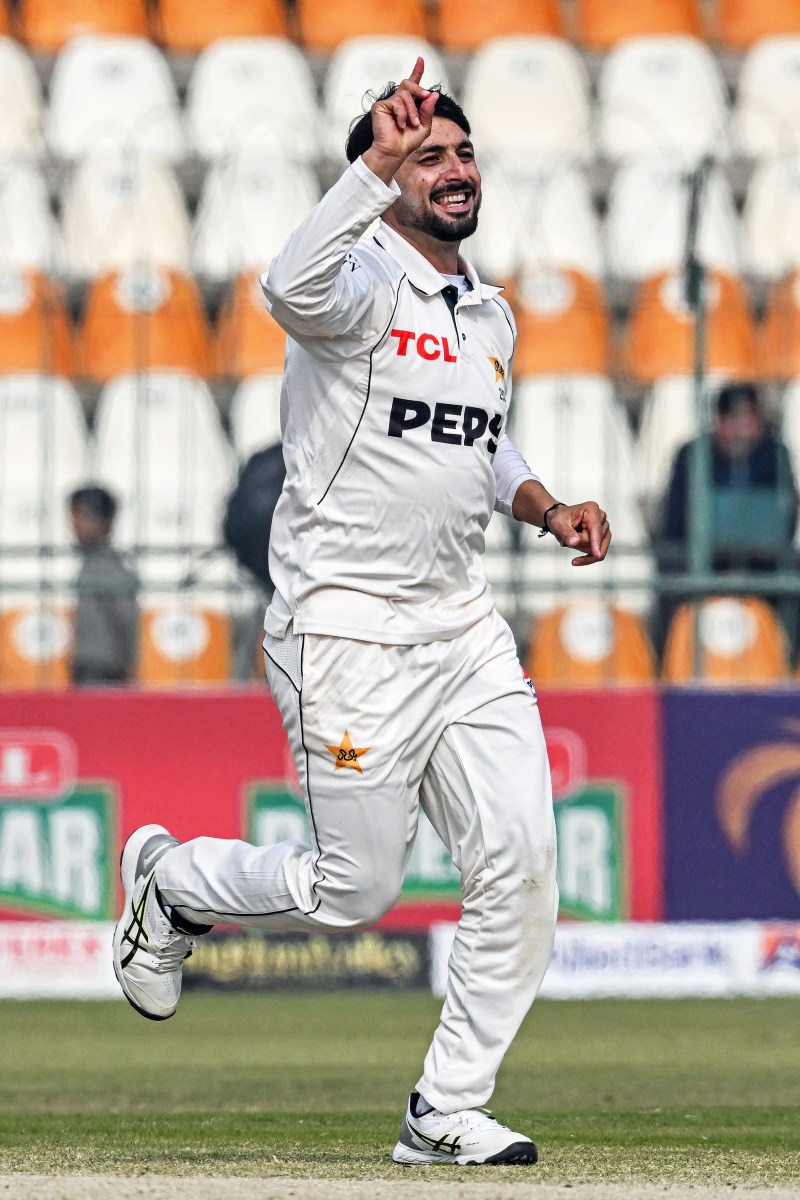 Pakistan's Abrar Ahmed celebrates after taking the wicket of West Indies' Tevin Imlach during the third day of the first Test cricket match between Pakistan and West Indies at the Multan Cricket Stadium in Multan on Jan. 19, 2025.