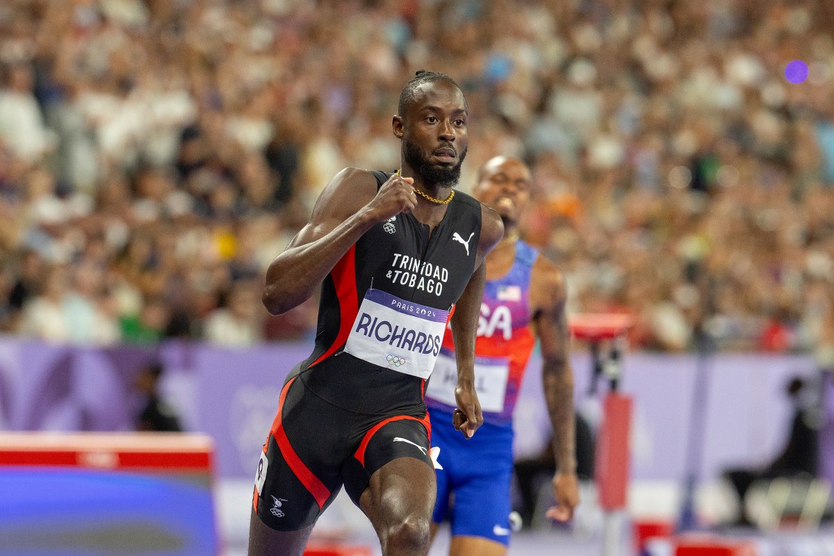 Jereem Richards of Trinidad and Tobago competes in the Men's 400m final on day twelve of the Olympic Games Paris 2024 at Stade de France on Aug. 7, 2024 in Paris, France.