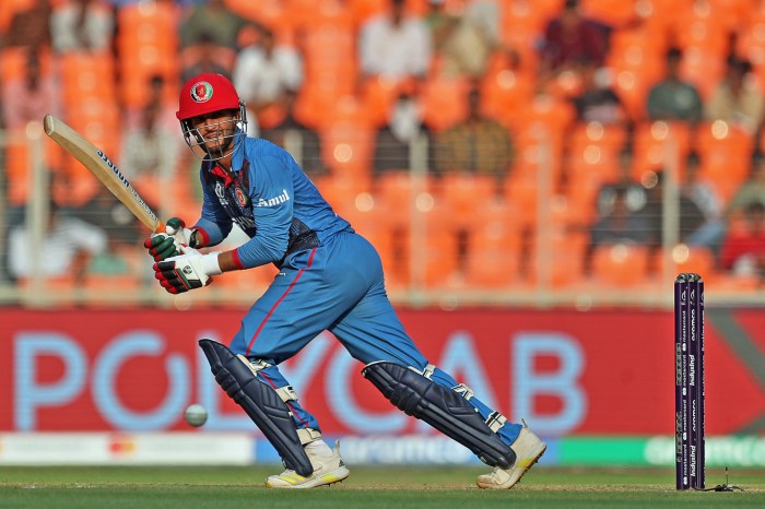 Azmatullah Omarzai of Afghanistan plays a shot during the ICC Men's Cricket World Cup 2023 match between South Africa and Afghanistan at Sardar Patel Stadium on Nov. 10, 2023 in Ahmedabad, India.