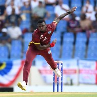 Jayden Seales of the West Indies bowls during the Second One Day International between the West Indies and England at Sir Vivian Richards Stadium on Nov. 02, 2024 in Antigua, Antigua and Barbuda.