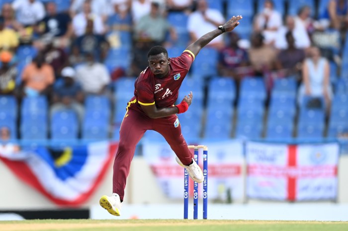 Jayden Seales of the West Indies bowls during the Second One Day International between the West Indies and England at Sir Vivian Richards Stadium on Nov. 02, 2024 in Antigua, Antigua and Barbuda.