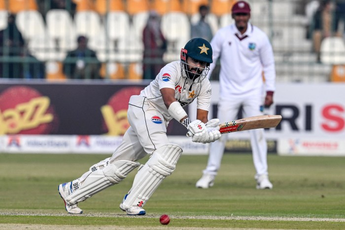 Pakistan's Saud Shakeel plays a shot during the first day of the first Test cricket match between Pakistan and West Indies at the Multan Cricket Stadium in Multan on Jan. 17, 2025.