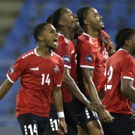 Alvin Jones #16 of Trinidad and Tobago celebrates scoring with teammates during the second half against the United States at Hasely Crawford Stadium on Nov. 20, 2023 in Port of Spain, Trinidad And Tobago.