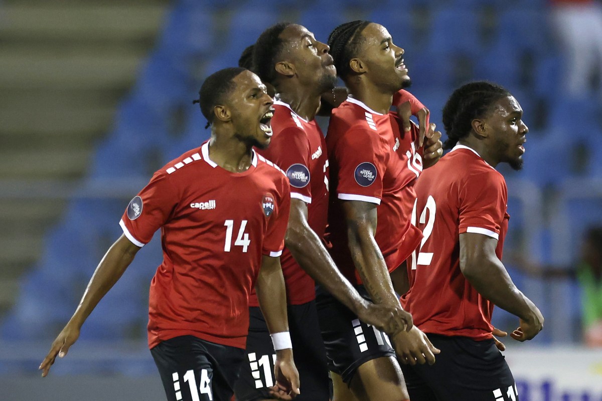 Alvin Jones #16 of Trinidad and Tobago celebrates scoring with teammates during the second half against the United States at Hasely Crawford Stadium on Nov. 20, 2023 in Port of Spain, Trinidad And Tobago.