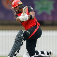 Hayley Matthews of the Renegades hits a six during the WBBL match between Melbourne Renegades and Sydney Thunder at CitiPower Centre on Nov. 23, 2024, in Melbourne, Australia.