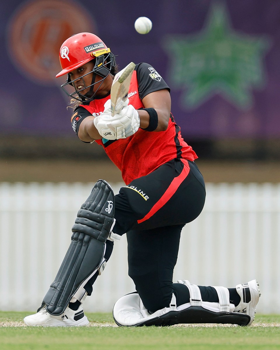 Hayley Matthews of the Renegades hits a six during the WBBL match between Melbourne Renegades and Sydney Thunder at CitiPower Centre on Nov. 23, 2024, in Melbourne, Australia.