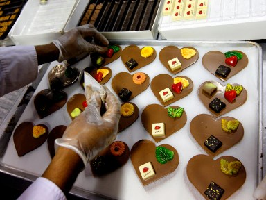 Heart shaped chocolate is made at the Jacques Torres Chocolate Heaven store for Valentine's Day sales Feb. 13, 2008 in New York City.